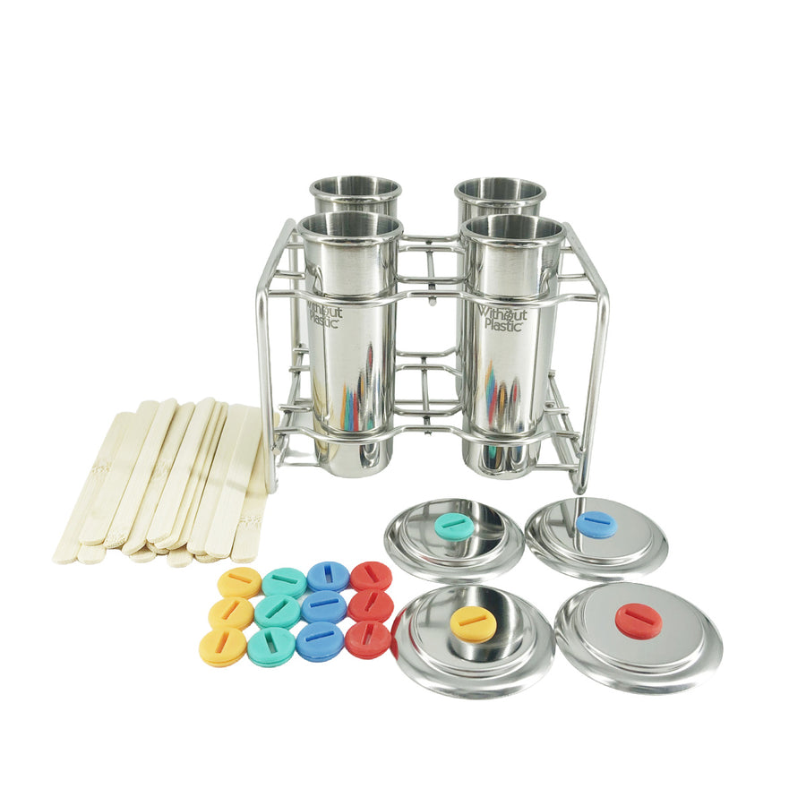 Freezycup Set - Four Stainless Steel Individual Ice Pop Molds, One Stand, Sixteen Sticks and Silicone Gaskets
