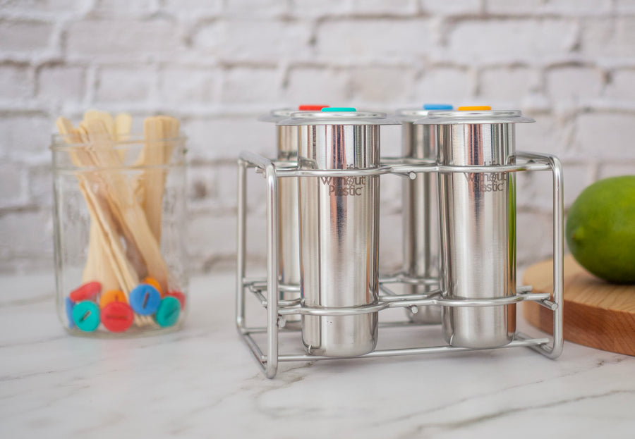 Freezycup Set - Four Stainless Steel Individual Ice Pop Molds, One Stand, Sixteen Sticks and Silicone Gaskets